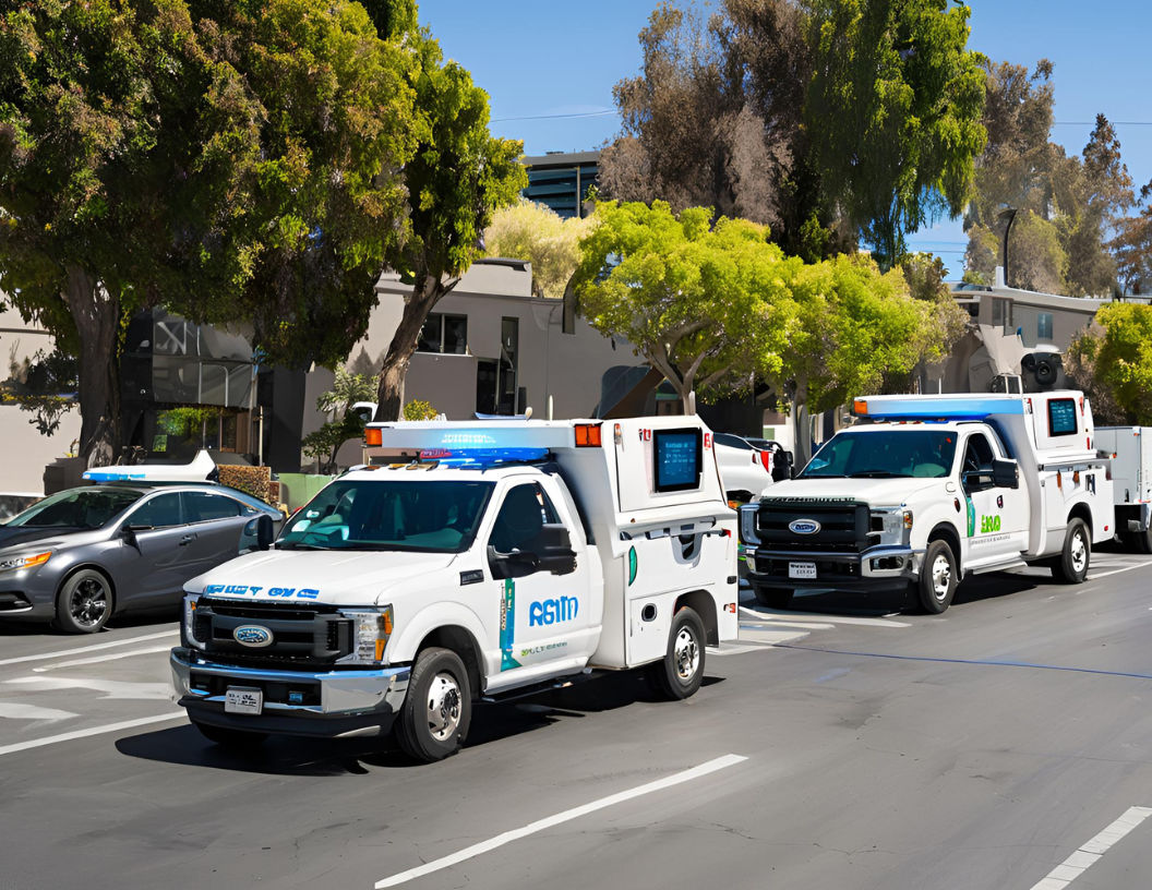 Bright tow trucks navigate San Jose streets with precision, guided by advanced automated dispatch systems displayed on sleek dashboards, ensuring efficient, timely assistance to stranded vehicles.