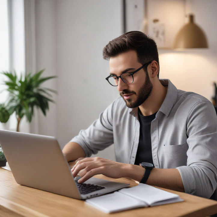 A startup founder working on a laptop, using AI tools for an upcoming product launch.