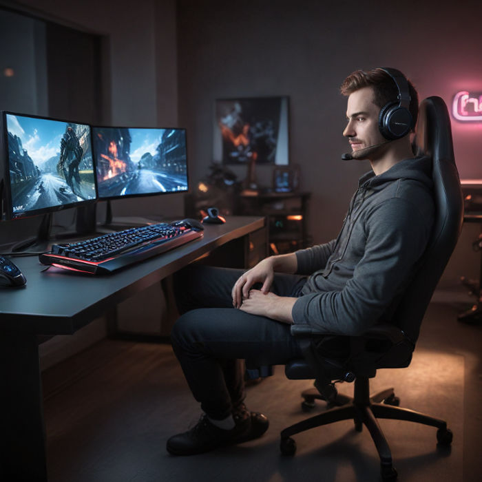 A gamer sits at a sleek RGB-lit gaming PC, focused and smiling, surrounded by immersive gaming gear.
