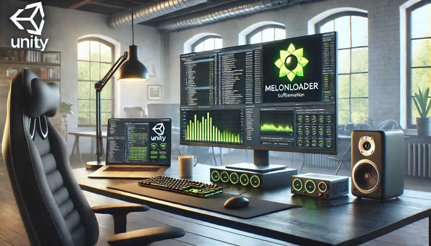 Developer’s desk showing Unity software, performance tools, and modding plugins in focused workspace.