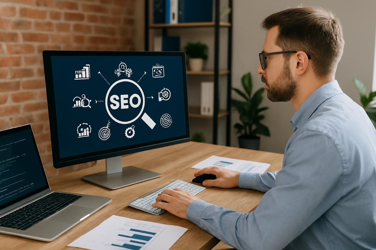 A professional working on SEO strategies at a modern, well-lit workspace.