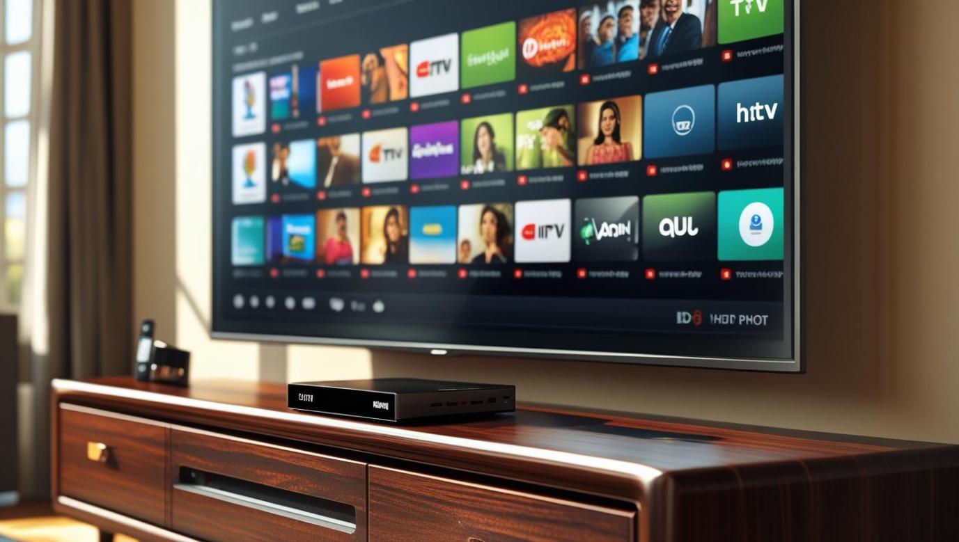 Modern living room with IPTV interface streaming on large smart TV screen.