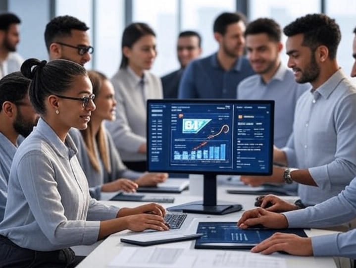 collaborating on digital dashboards displaying SAP