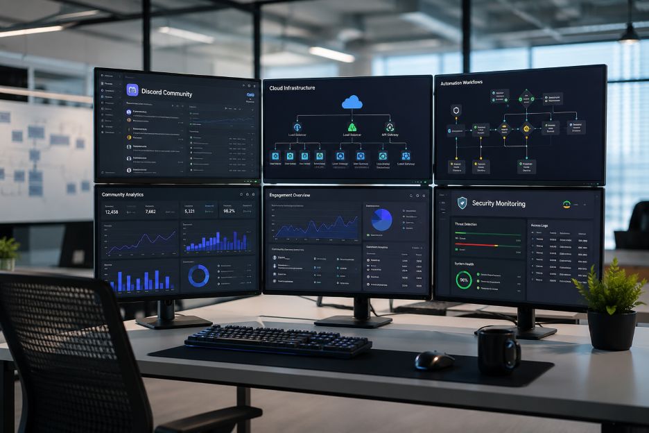 Modern tech workspace with monitors and dashboards
