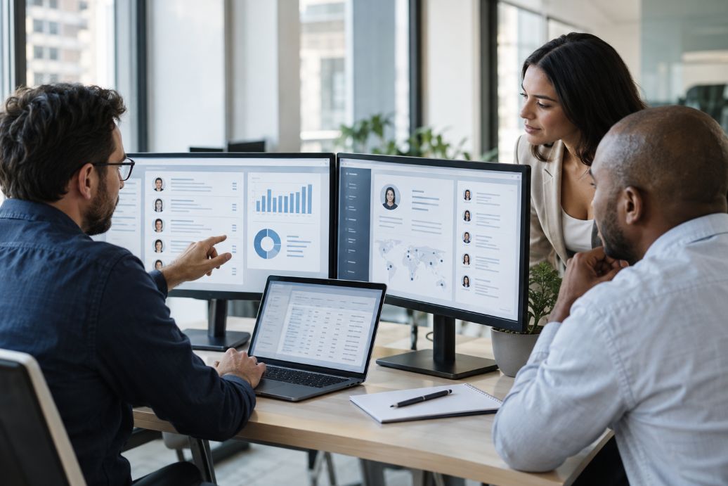 business team analyzing connected CRM and sales data